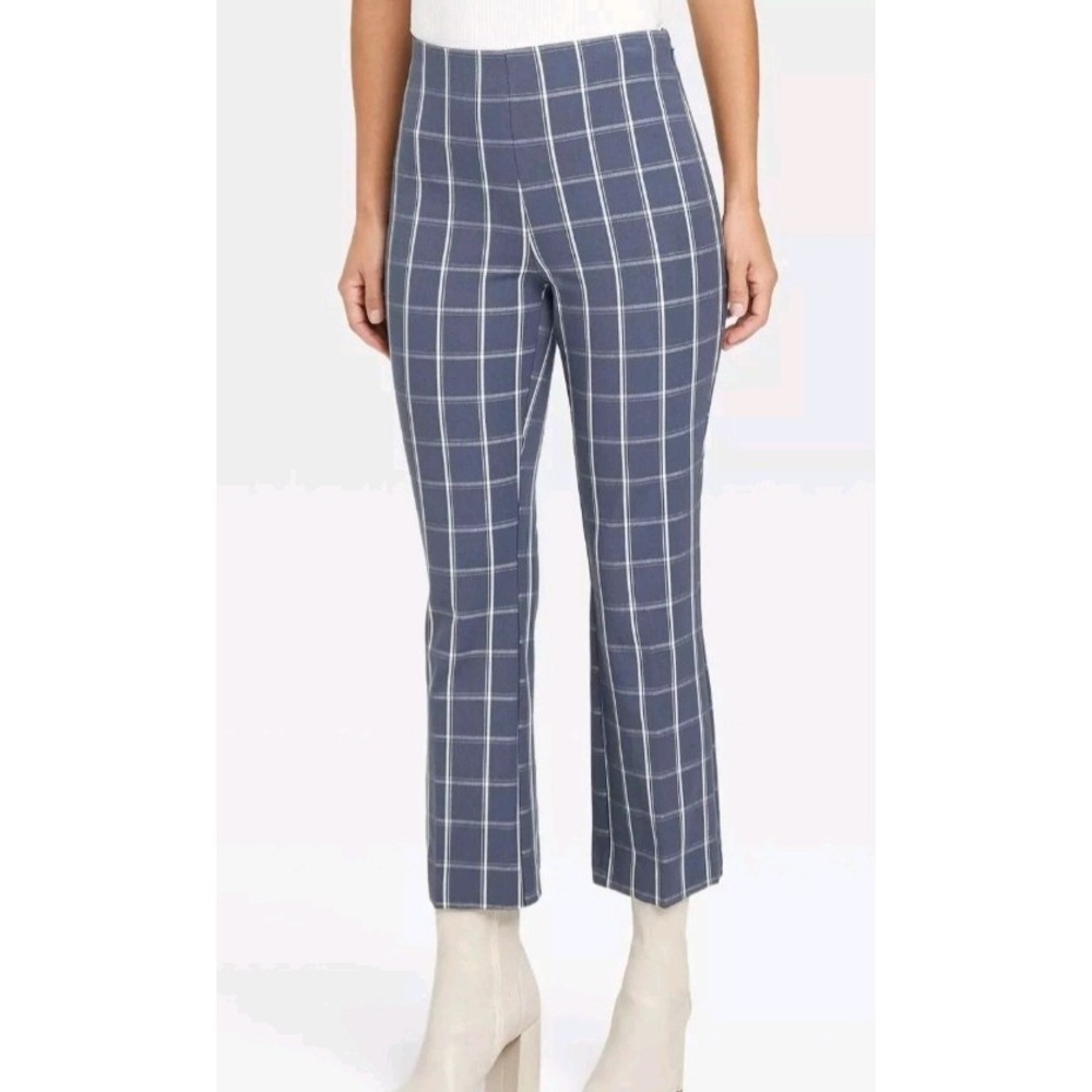 Women's Cropped Kick Flare Pull-On Pants - A New Day Navy plaid size 2